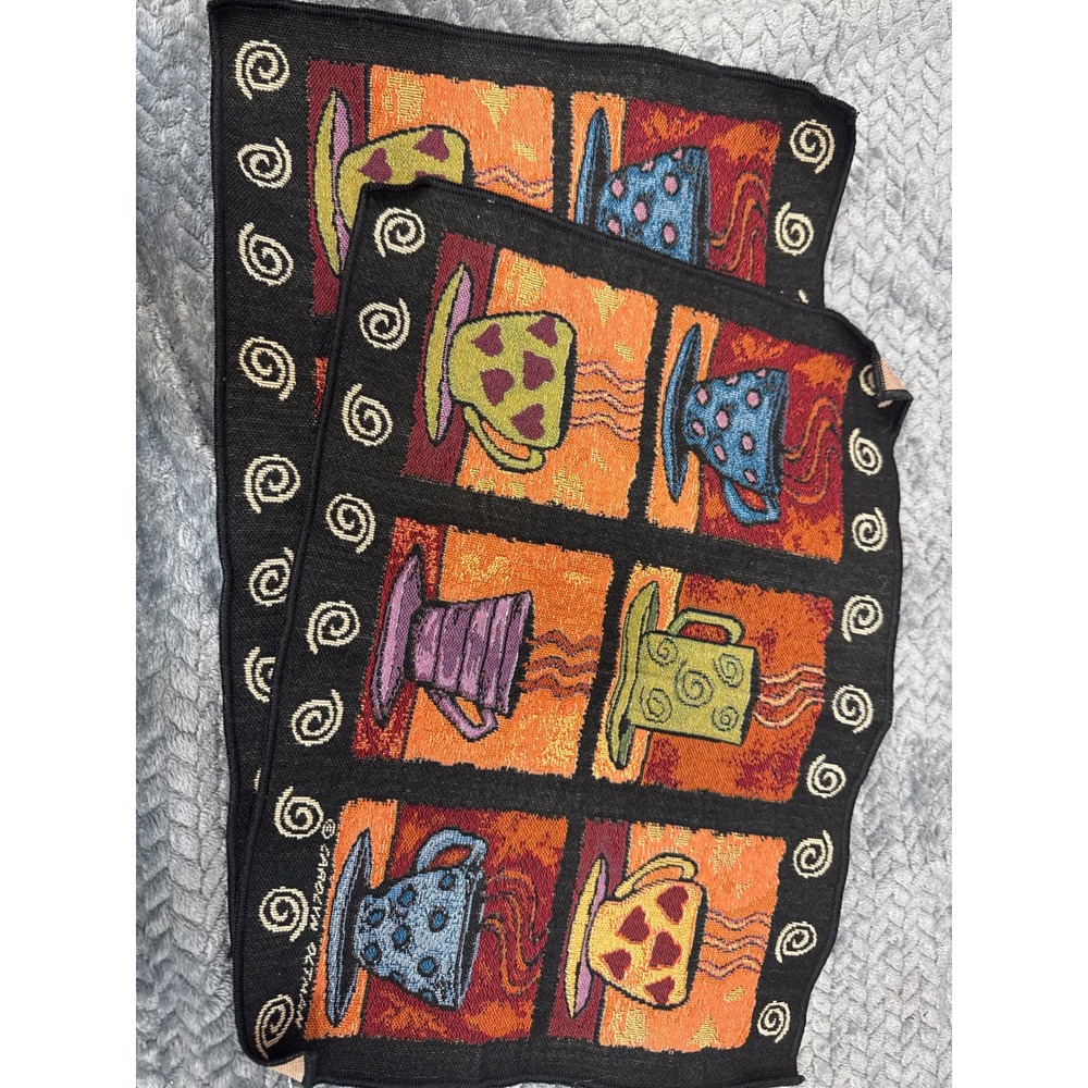 Carolyn Altman Woven Tapestry Placemats Set of‎ 2 Coffee Tea Mugs Whimsical